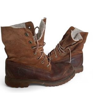 Timberland Teddy Fleece Roll-Top Waterproof Boots Women 6 37 Brown Suede Leather